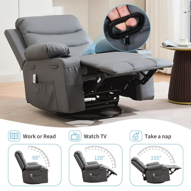 GloryStar Recliner Chair Nursery, Oversized Manual Reclining Rocking Chair, 360 Swivel Glider with Cup Holder, Massage and Heat Recliner, Indoor Small Single Sofa Chairs for Adults, RV, Bedroom