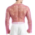 thumbnail image 5 of UTSJKR Men's Sparkling Rhinestone Mesh Long Sleeve Top, Sheer Fishnet Shirt, Party Concert Stage Performance Trendy Fashion Wear Hot Pink S, 5 of 6