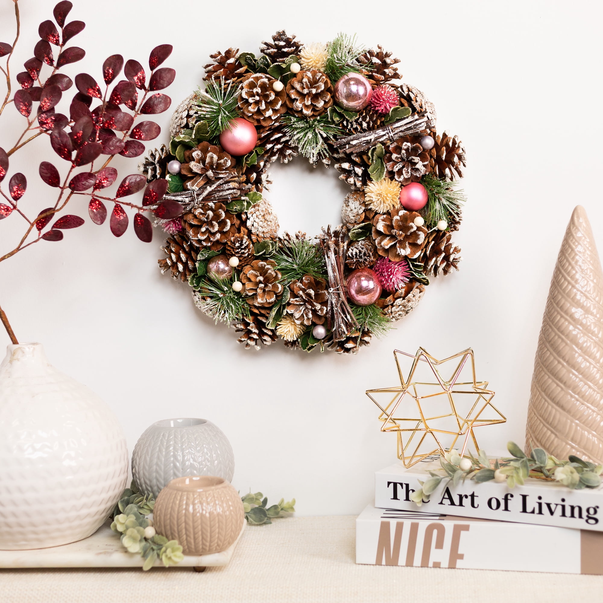 Pinecone Twig and Thistle Small Frosted Artificial Christmas Wreath - 13.5" - Unlit