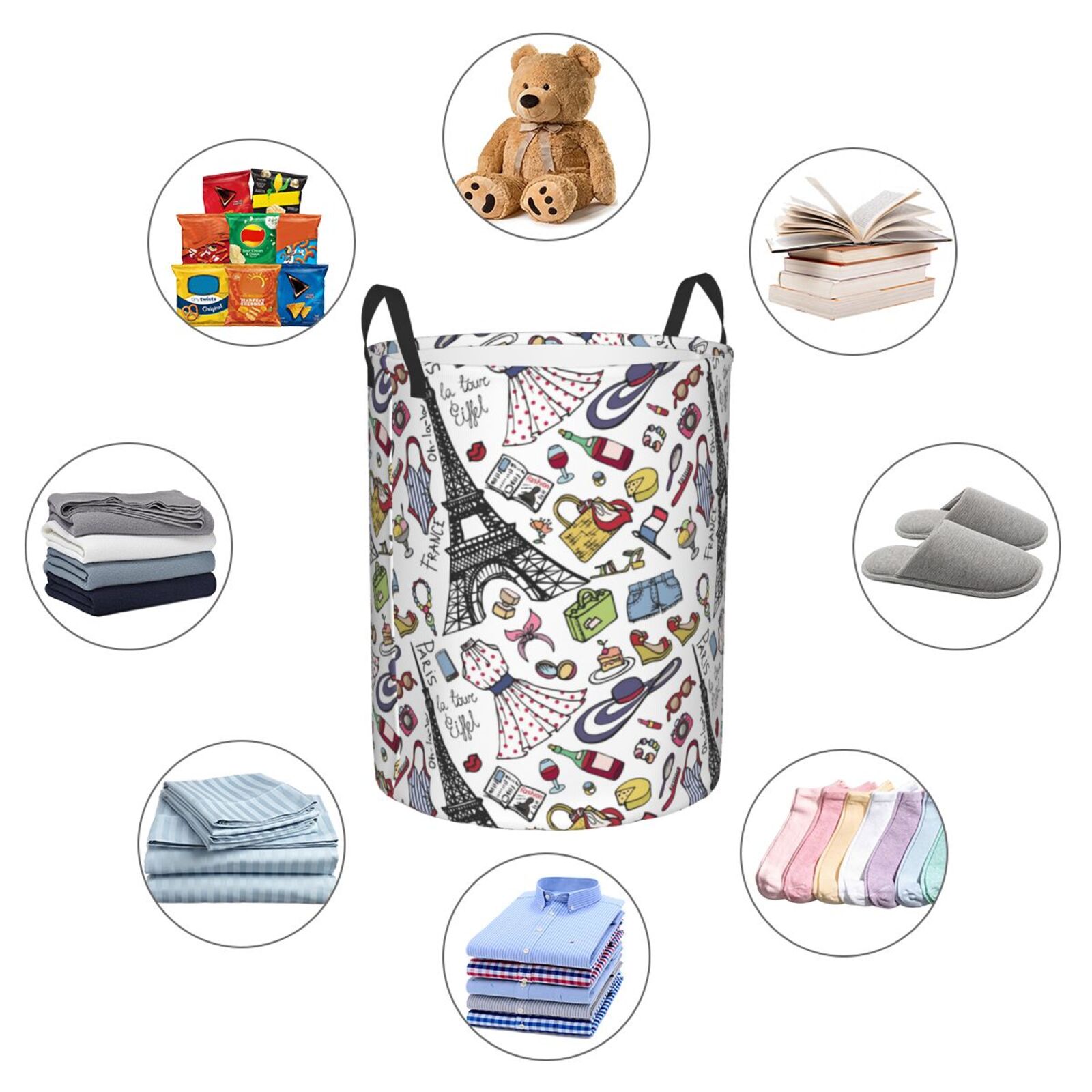 Large Laundry Basket with Handles - Eiffel Tower Fancy Kids Baby Dirty Clothes Laundry Hamper for Bedroom Aesthetic