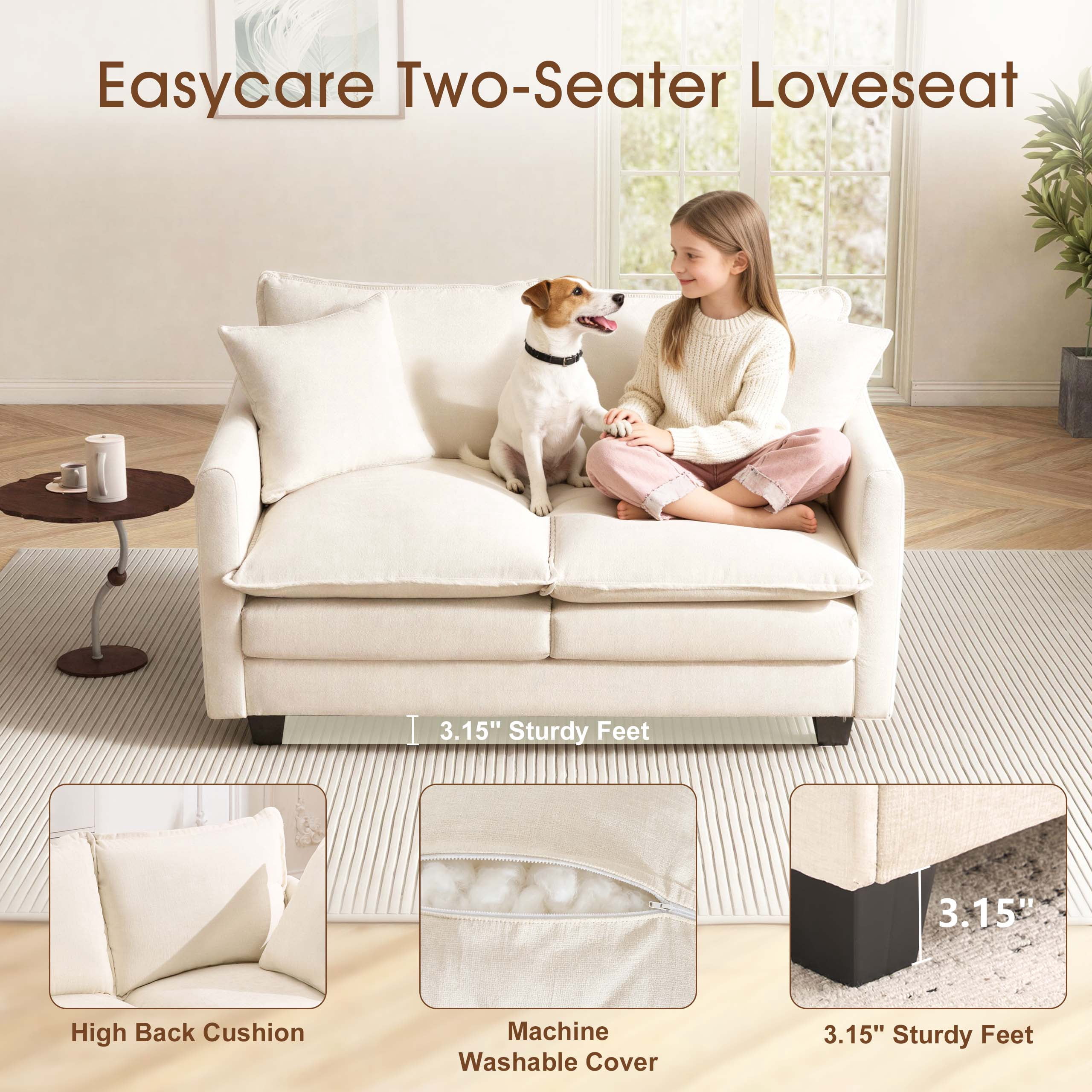 Dioepic Cloud-Comfort Deep Seat Chenille 2-Seat Small Spaces Loveseat Sofa 50” with 2 Pillows, Beige