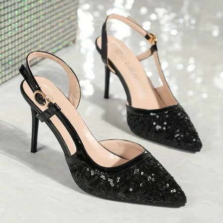 

SHENZHYIXINC Glittering Women‘s Solid Color Ankle Strap Sandals：Casual High Heel Party Shoes with Sequins Decor and Pointed Toe Ideal for Music Festival