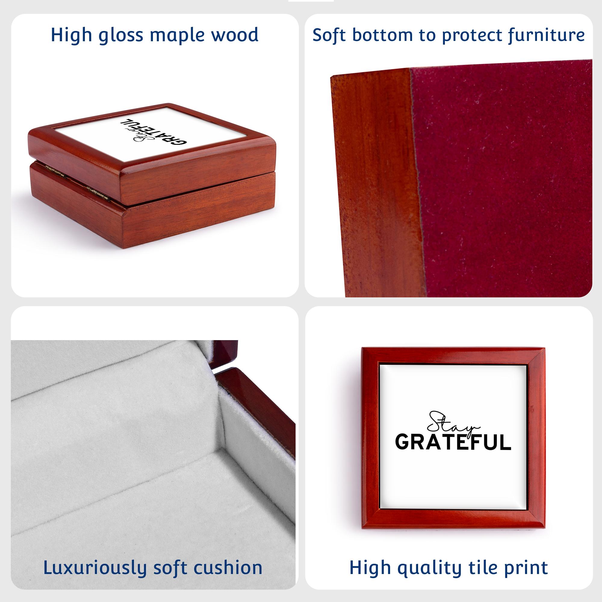 3dRose, Motivational quote Stay Grateful Typography, Jewelry Box 5.5x5.5 inch with 4 inch tile