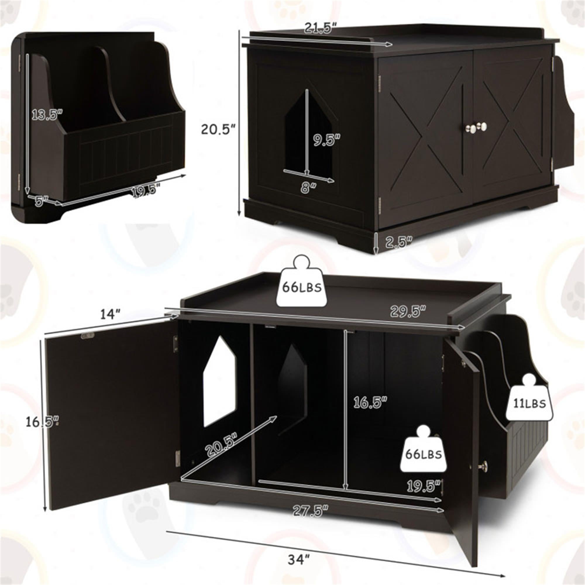 Kadyn 34" Large Cat Litter Box Enclosure, Wood Hidden Cat House Washroom Furniture for Living Room, Bedroom, Bathroom with Magazine Rack, Brown