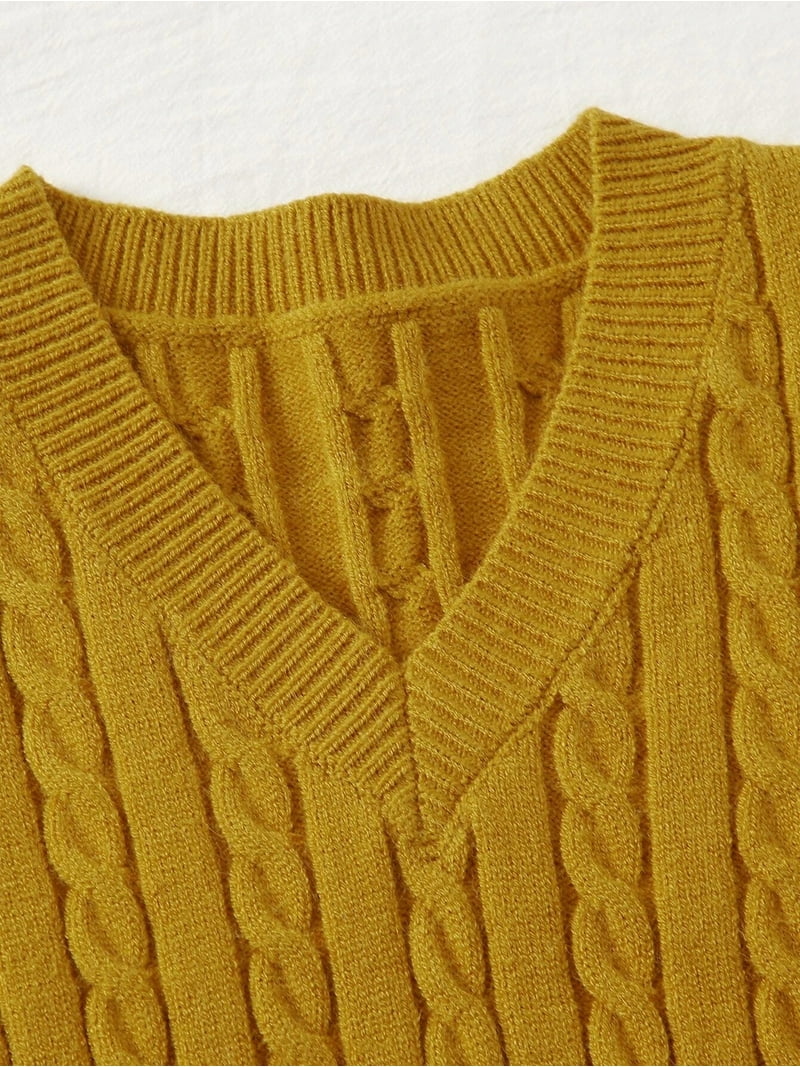 Hotian Women Cable Knit Sweater Vest V Neck Pullover Mustard