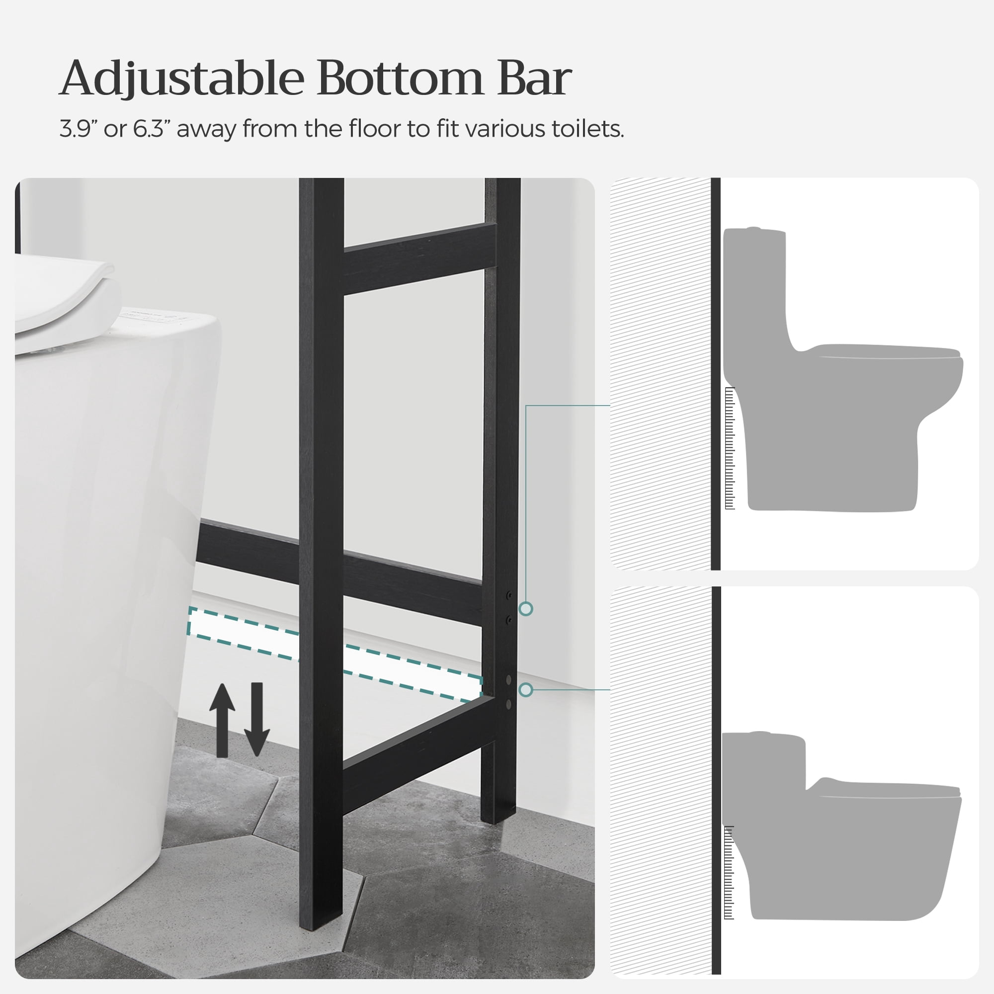 SONGMICS Over-The-Toilet Storage, 3-Tier Bathroom Organizer Over Toilet with Adjustable Shelves, Hooks, Bamboo, Freestanding Space Saver Bathroom Shelves, Heather Greige and Ink Black