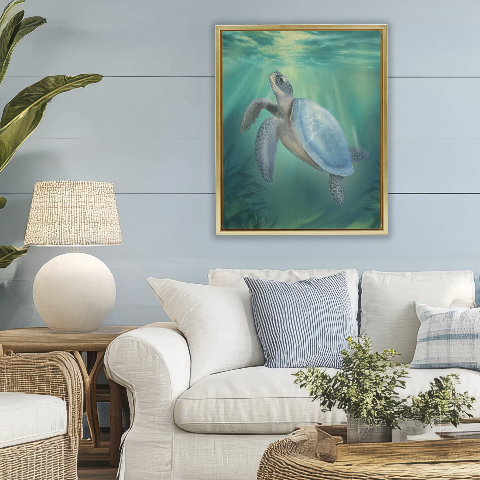 Stupell Industries Coastal Beach Sea Turtle Gold Framed Floater Canvas Wall Art, design by Matthew Piotrowicz