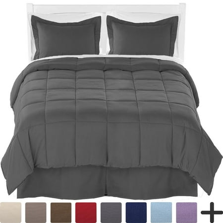 - Queen Comforter Set + Sheet Set + Bed Skirt - Premium Ultra-Soft Brushed Microfiber (Comforter Set: Grey, Sheet Set: White, Bed Skirt: Grey)