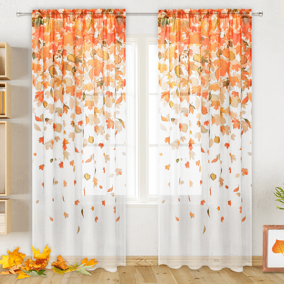 Alishomtll Thanksgiving Sheer Curtains 84 Inch Length Rod Pocket Autumn Falling Maple Leaves Semi Sheer Voile Window Treatment for Bedroom Dining Room