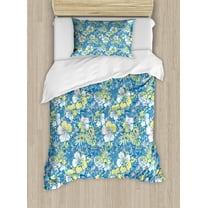 Camouflage Twin Size Duvet Cover Set, Hawaiian Pattern Exotic Tropical Hibiscus Flowers Foliage Abstract Nature, Decorative 2 Piece Bedding Set with 1 Pillow Sham, Blue Yellow Pink, by Ambesonne