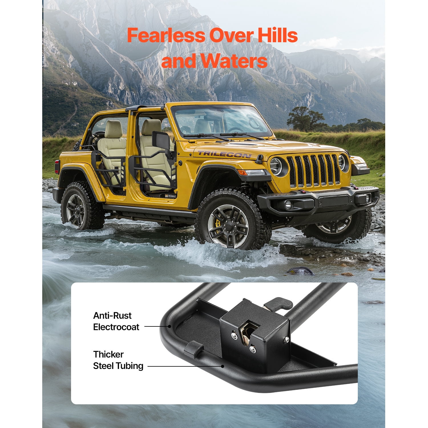KFFKFF Jeep Tubular Doors, Quad-Door, Exploration Design Jeep Cylinder Door with DOT Approved Side View Mirrors, Jeep Entrances with Side Mirrors for 2018-2024 Jeep Wrangler JL & 2020-2024