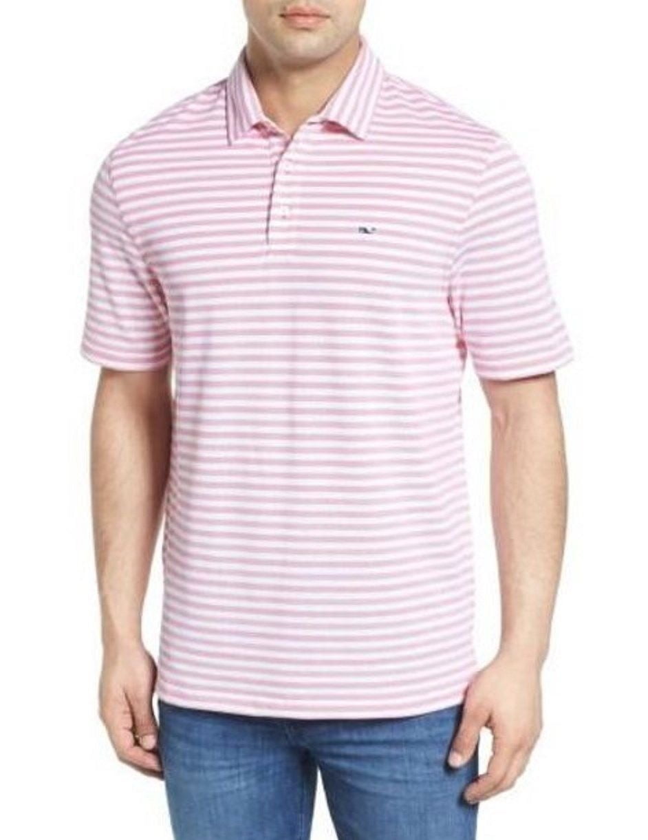 Vineyard Vines Men's Performance Pique Polo Lake Stripe in Beach Rose