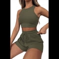 thumbnail image 2 of Conjuntos de Verano para Mujer, Conjunto Informal de 2 Piezas con Top Corto y Pantalones Cortos de Punto Gofre, Ropa de Dormir, Verde , Talla S, 2 of 9