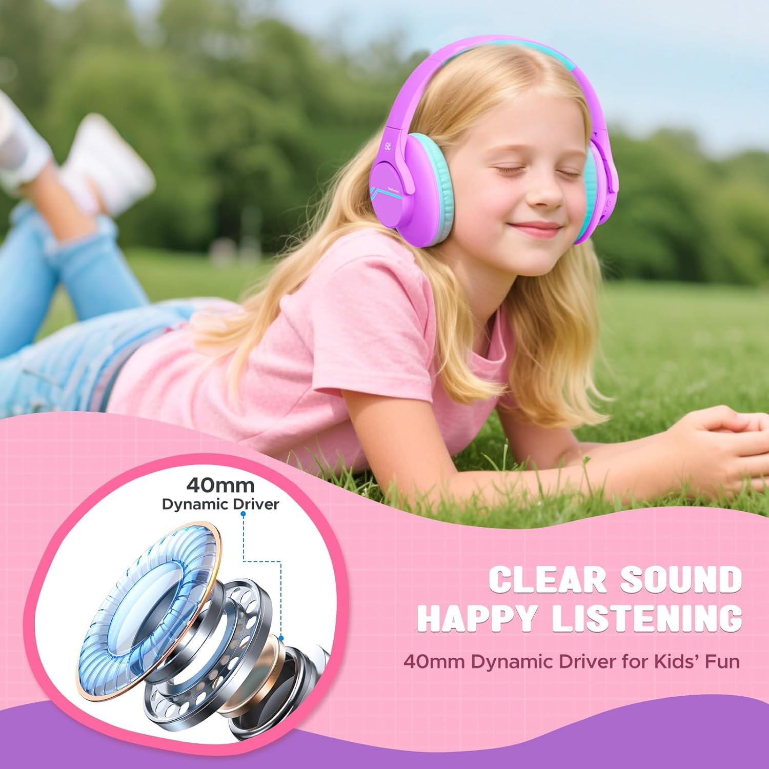 Nova1Lite Kids Wireless Active Noise Cancelling Headphones, Bluetooth 5.3, Safe Volume 74/85/94dB, Real 40H Battery, Type-C Fast Charging, Built-in Mic for School Travel Airplane, Purple