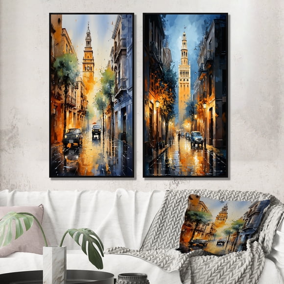 Designart "Iconic Giralda of Seville, Spain II" Art Mural Encadré Ensemble de 2 - Ensemble de Cadres Muraux de Galerie de Paysages Jaunes pour Décoration Intérieure