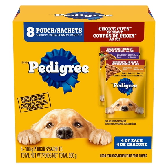 Nourriture humide pour chiens adultes PEDIGREE COUPES DE CHOIX AU JUS saveur de bœuf, nouilles et légumes et saveur de poulet grillé en format variété