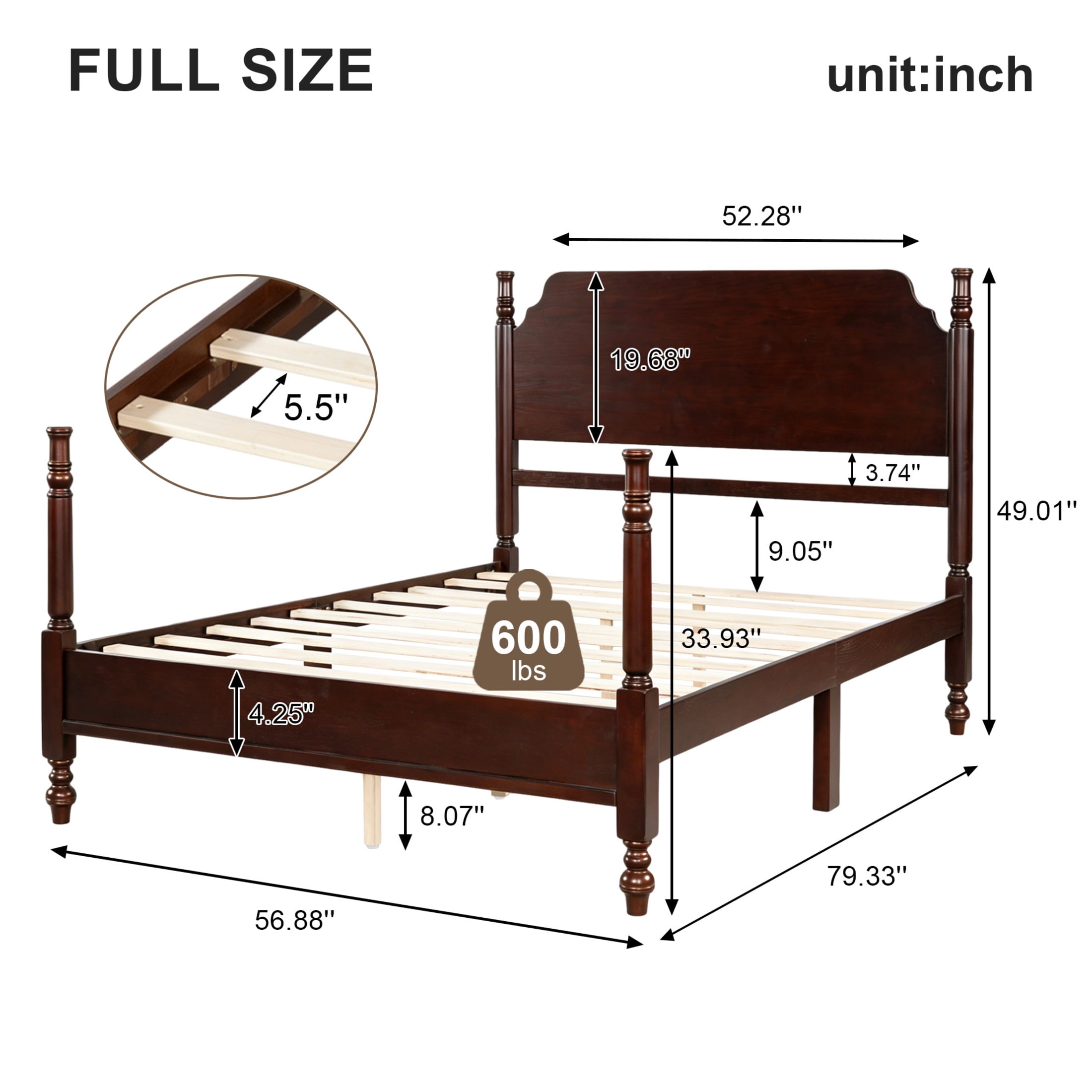Noble House Full Spindle Platform Bed with Headboard, Traditional Wood Bed Frame, Dark Walnut
