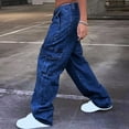 thumbnail image 5 of Women's High Waisted Cargo Jeans Stretch Wide Leg Denim Pants Trendy Dark Blue L, 5 of 6