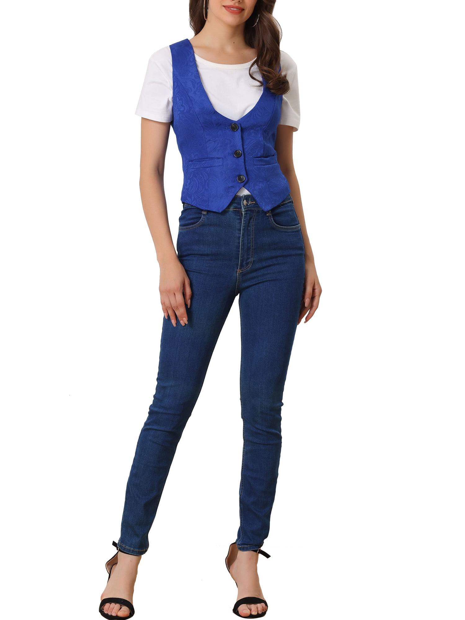 Unique Bargains Women's Vintage Button Up Steampunk Jacquard Sleeveless Suit Vest S Royal Blue