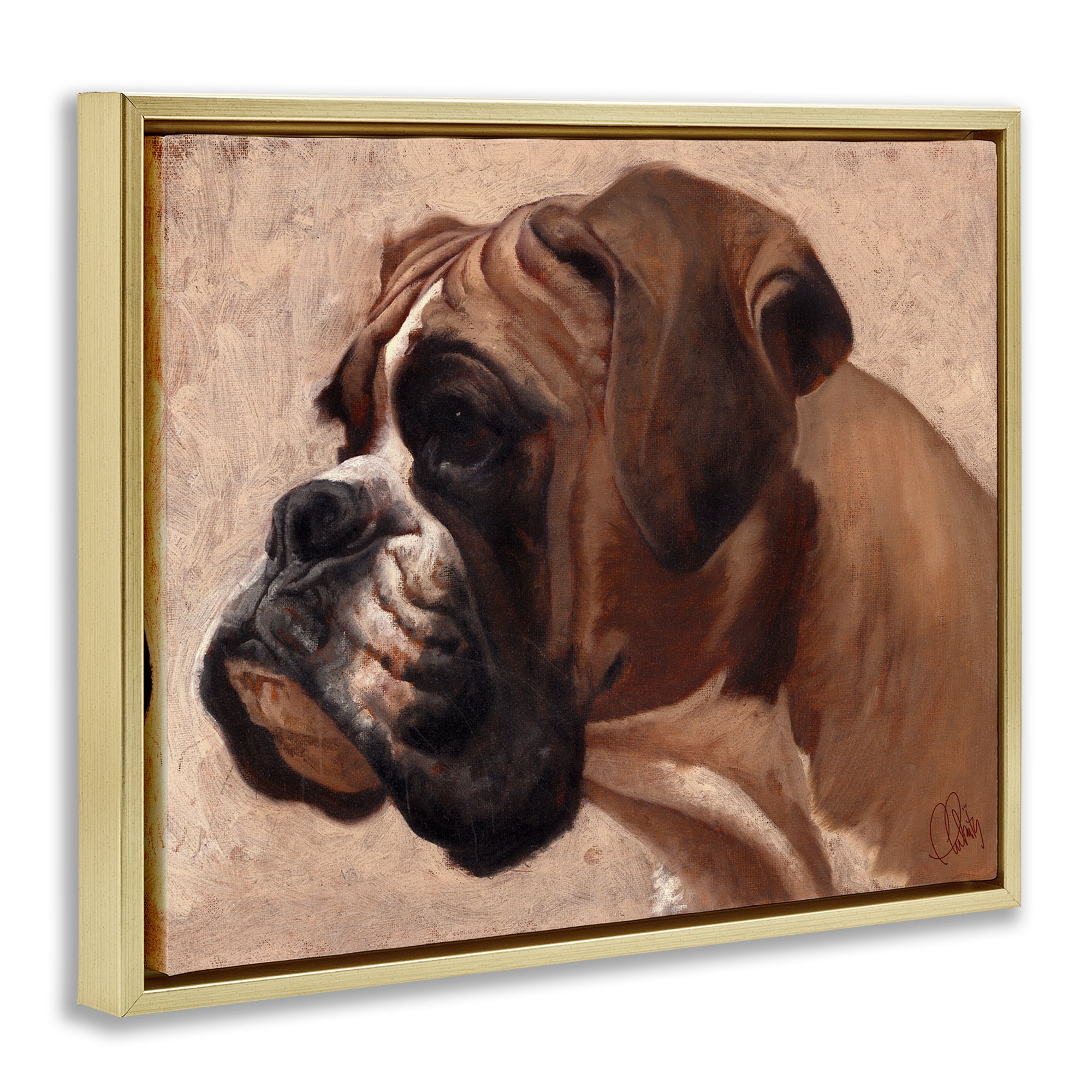 Stupell Industries Boxer Dog Neutral Portrait Animals & Insects Painting Gold Floater Framed Canvas Art Print Wall Art, 21 x 17