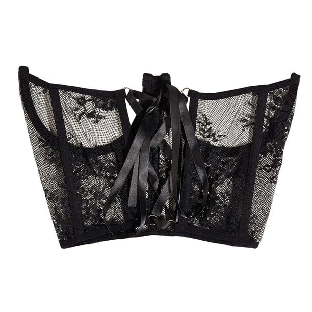 Cinturón de corsé de encaje con varillas decorativas, corpiño de moda, push up y lazo en la espalda, cinturón ancho Negro