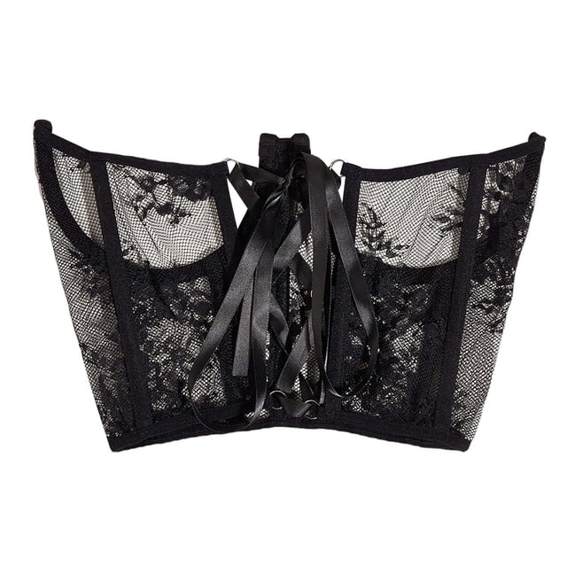 Cinturón de corsé de encaje con varillas decorativas, corpiño de moda, push up y lazo en la espalda, cinturón ancho Negro