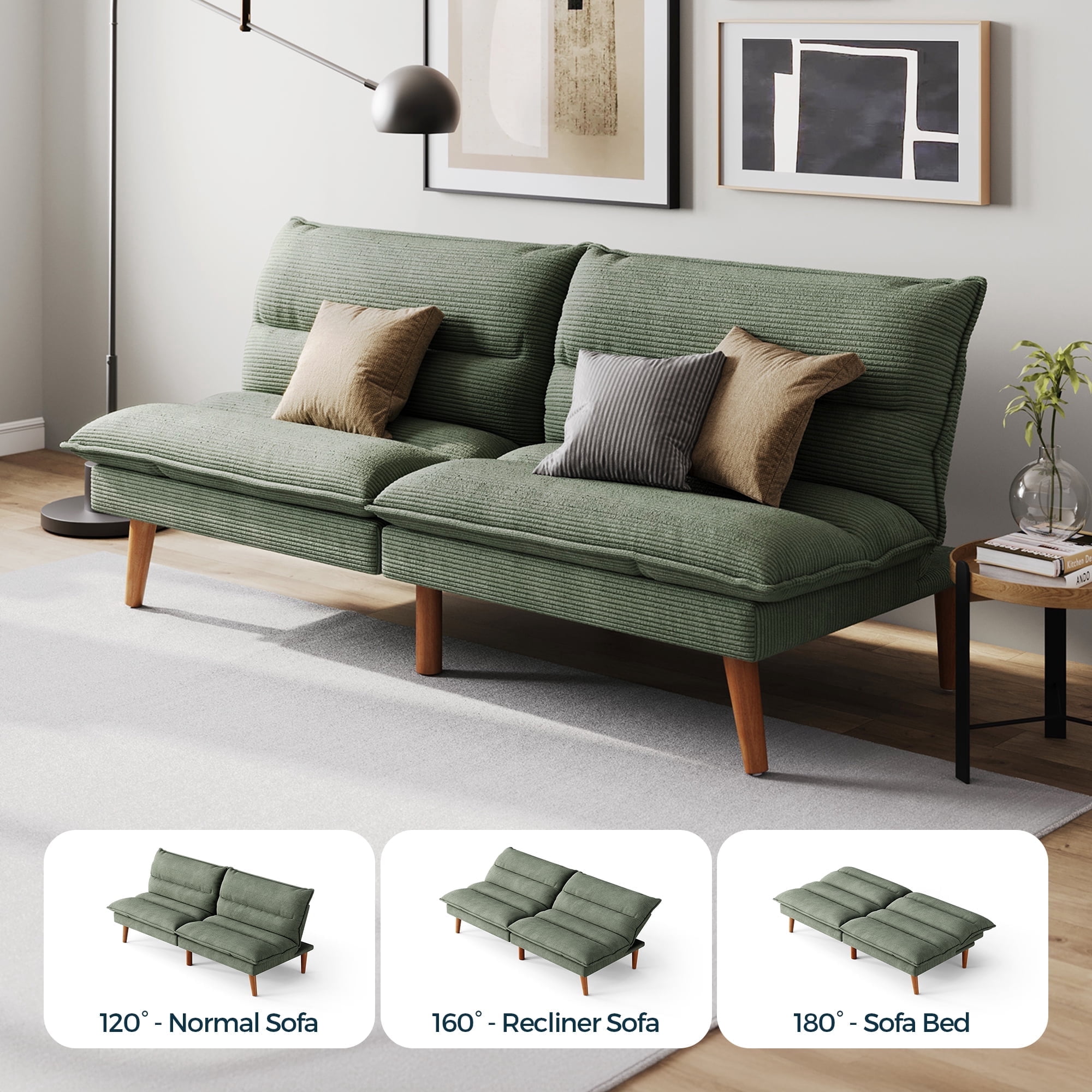 Linsy Home Futon Sofa Bed, Solid Wood  Legs Sofa Bed for Living Room, Green
