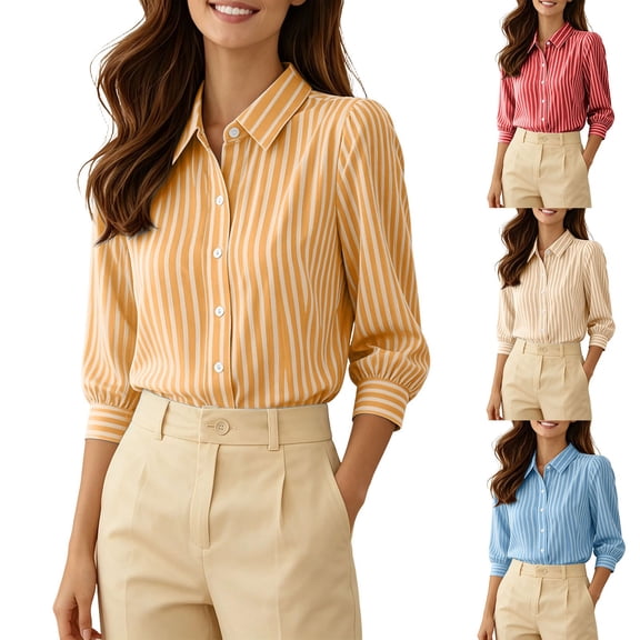 Button down Tops for Women Striped Printed Dress Shirts Short Sleeve Flowy Collared Fashion Casual Blouses (XL, Beige)