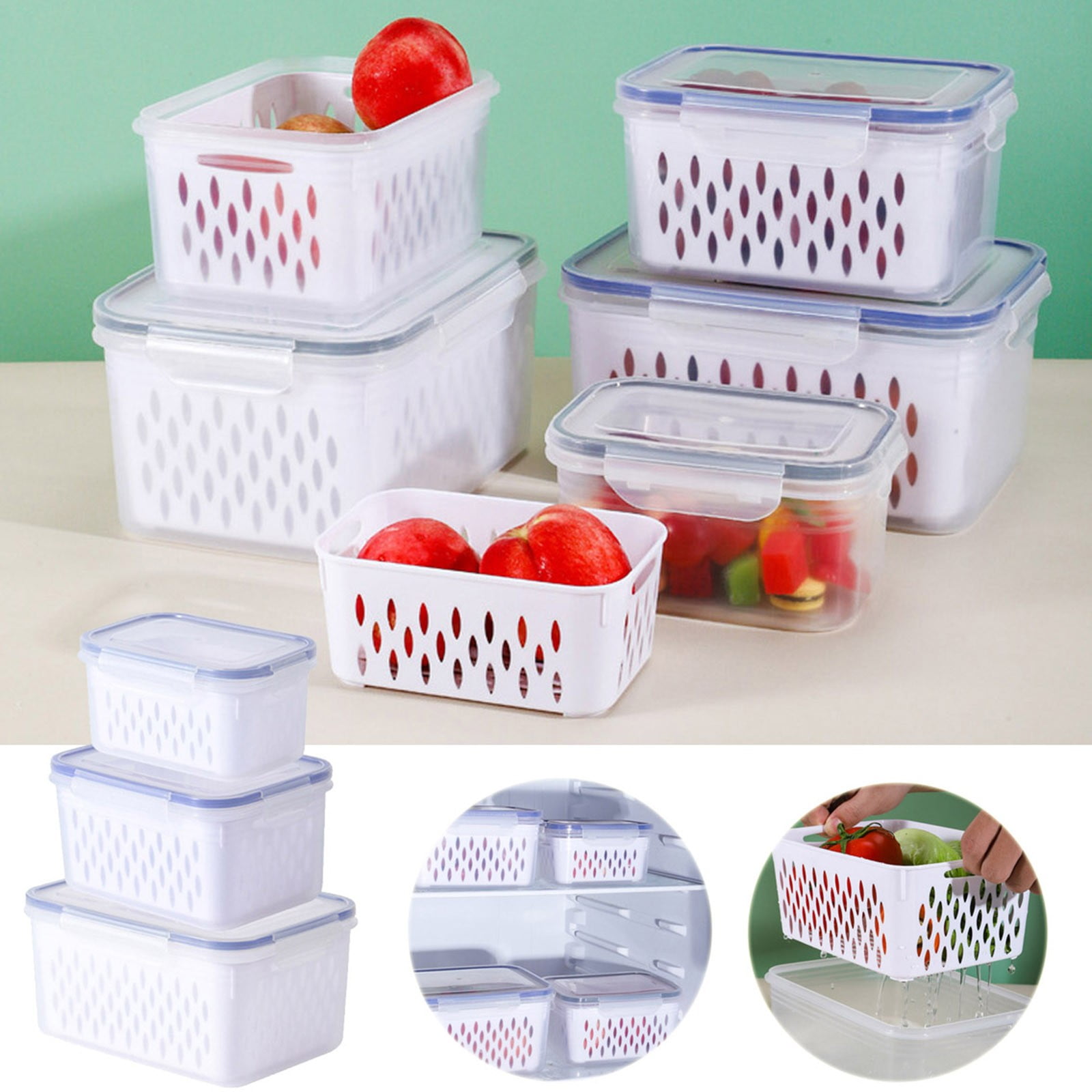 3 PCS Large Fruit Containers for Fridge - Leakproof Food Storage Containers with Removable Colander - Dishwasher & microwave safe Produce Containers Keep Fruits, Vegetables, Berry, Meat Fresh longer