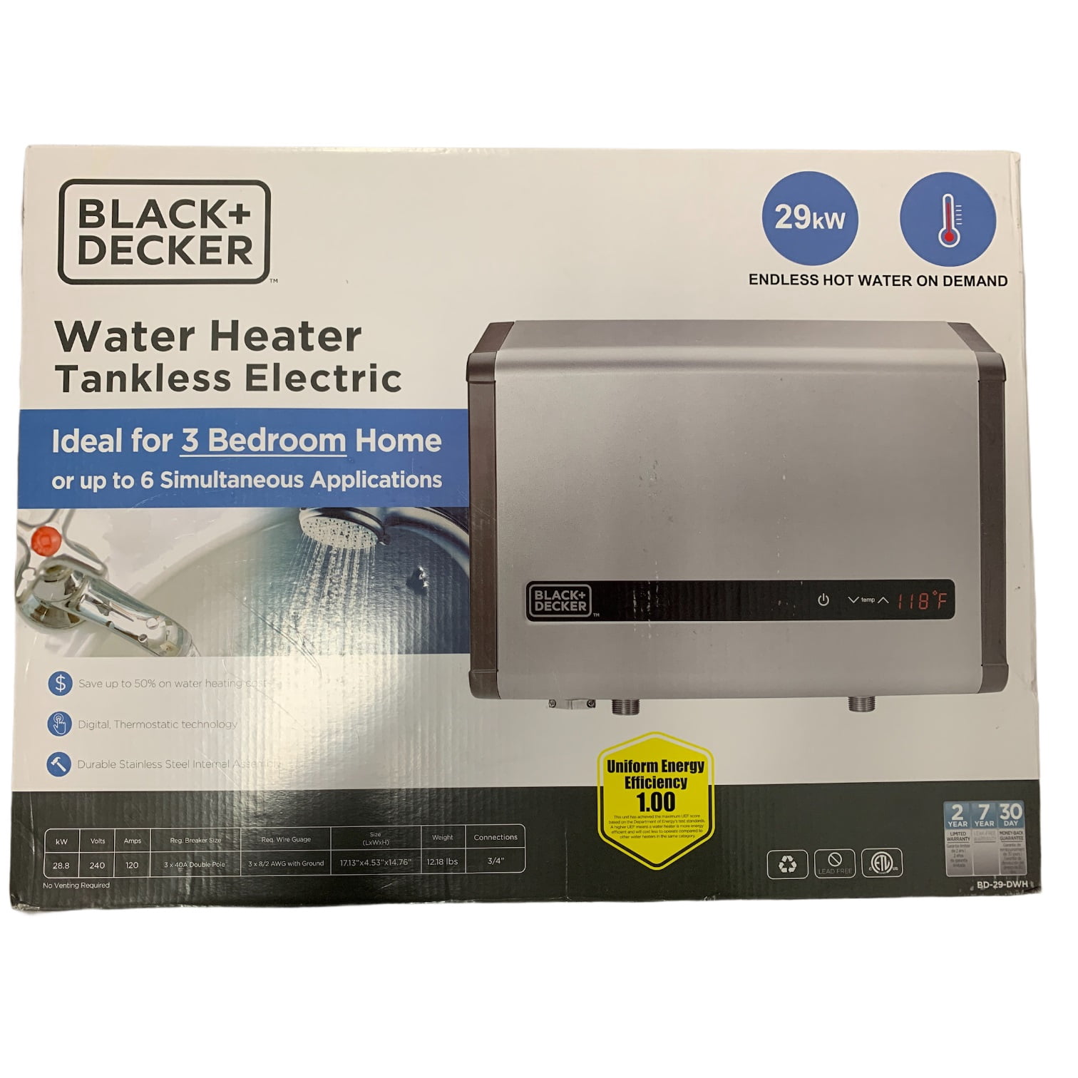 Black + Decker Tankless Electric Water Heater 240v 29kW, Self-Modulating -  Walmart.com