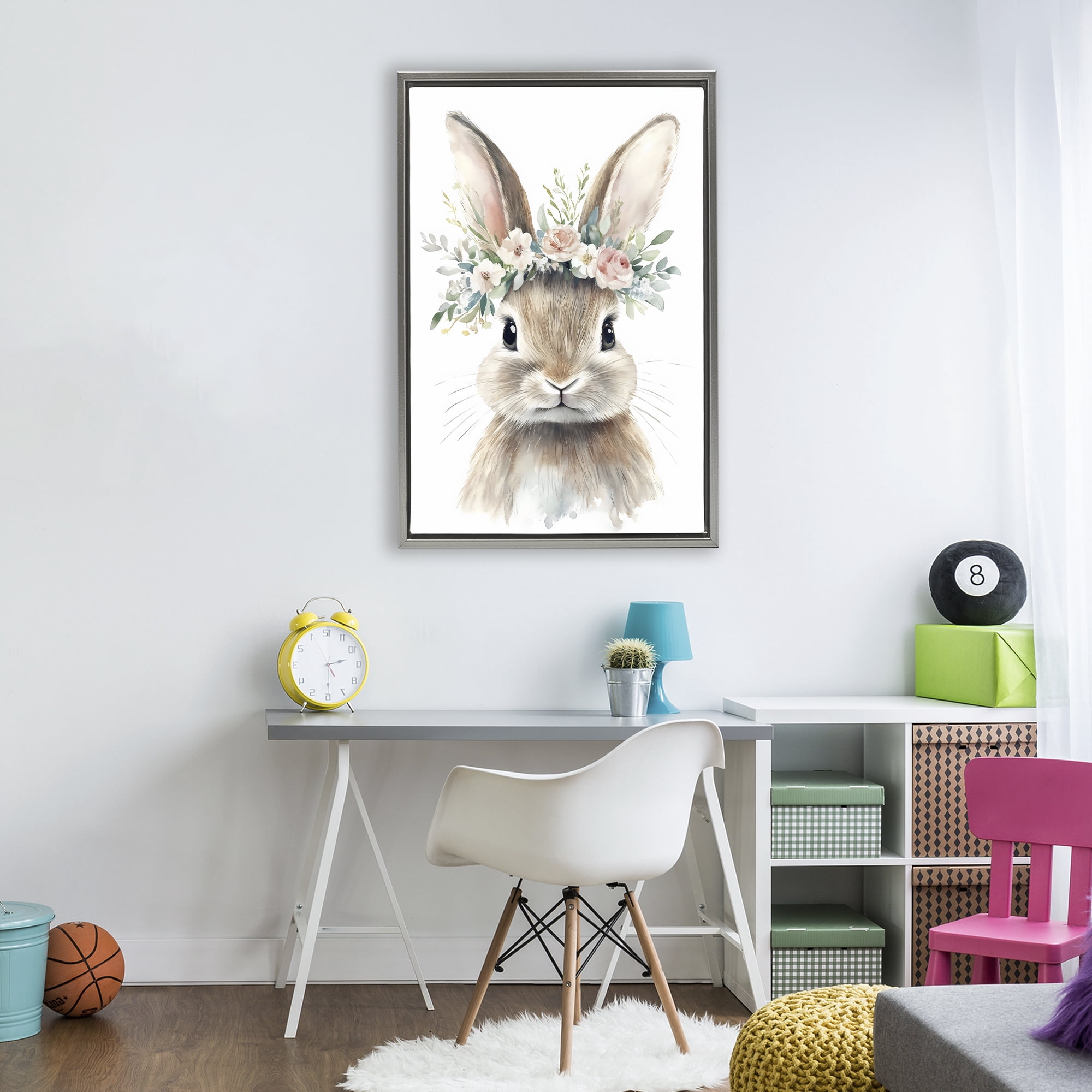 Stupell Industries Flower Adorned Baby Rabbit Gray Framed Floater Canvas Wall Art, design by Creative Studio