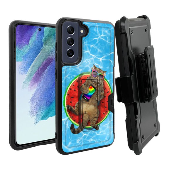 ANJ  Rugged Dual Layer Hybrid Holster Kickstand Case w/ Card Slot   Tempered Glass Cover for Samsung Galaxy S21 FE 5G - Swimming Pool Cat