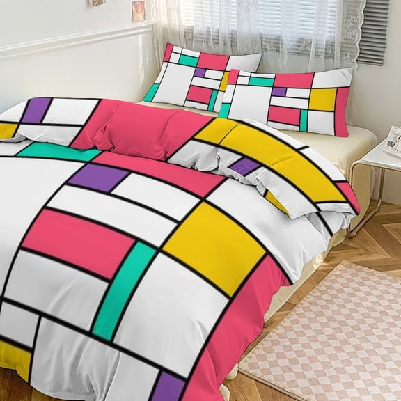 Abstract Color Block Duvet Cover Set Themed Multicolor Polyester Bedding Set for Bedroom Decoration