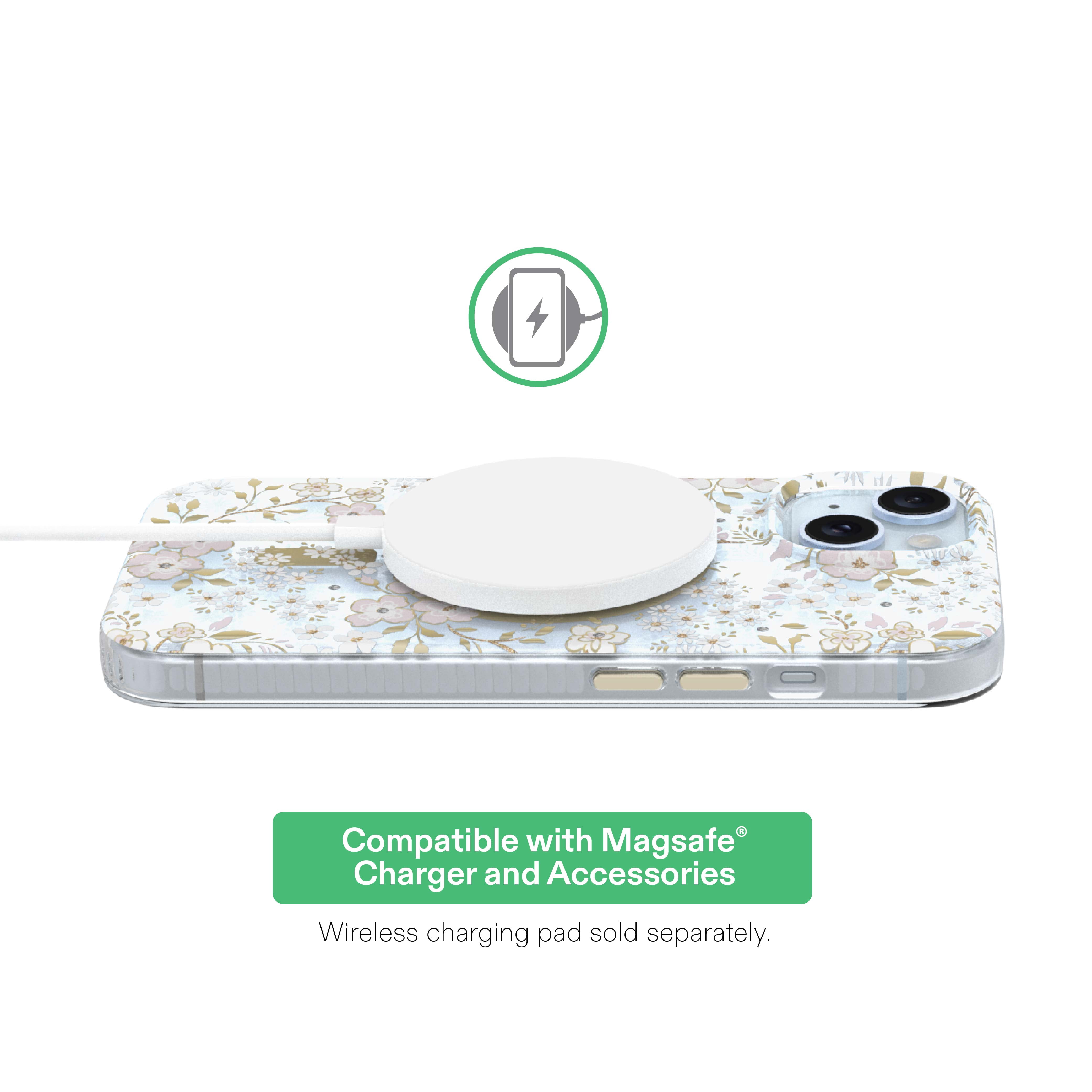 onn Phone Case for iPhone 17e / 16e / 15 / 14 / 13, MagSafe Compatible - Pink & White Floral with Gems