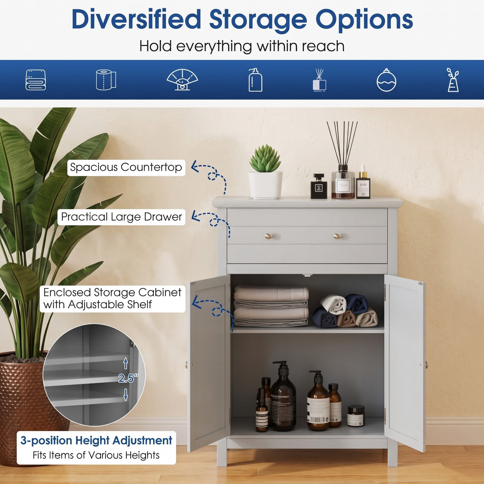 Fenbeli Wooden Bathroom Floor Cabinet, Free Standing 2-Door Storage Cabinet with Drawer and Adjustable Shelf, Waterproof MDF Side Organizer for Bathroom Living, Gray