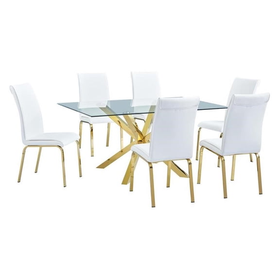63"x 39" Rectangular Clear Glass 7pc Dining Set with Gold Stainless Steel