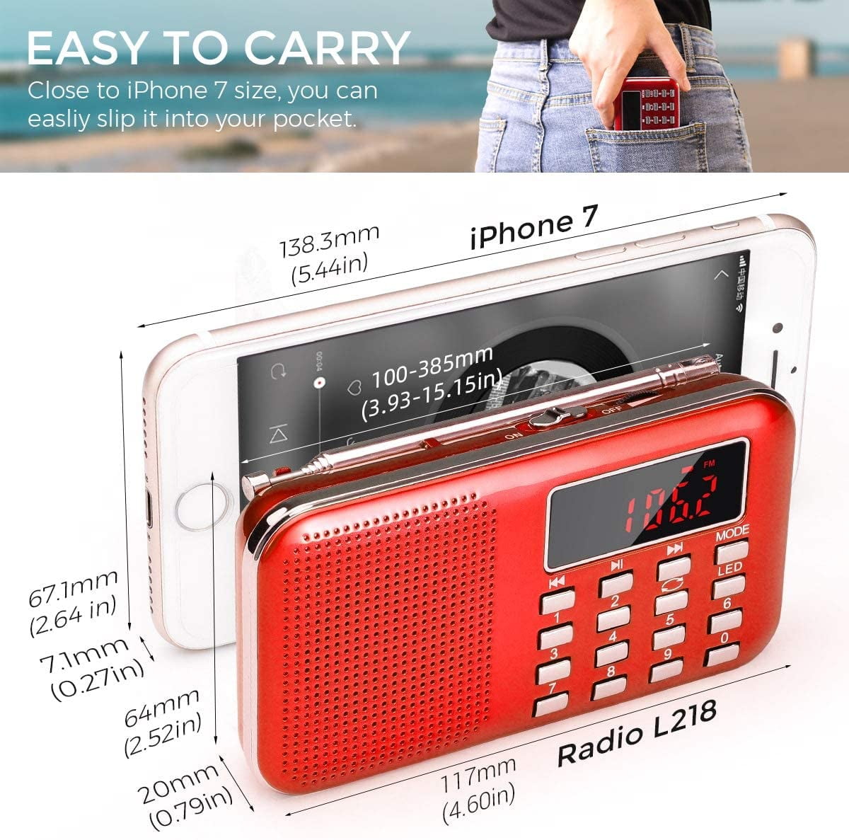 Mini Radio FM Portable - Lecture MP3 Par Carte SD - USB Rechargeable - Écran LCD Rétroéclairé - Compacte 4,2x8cm - 2