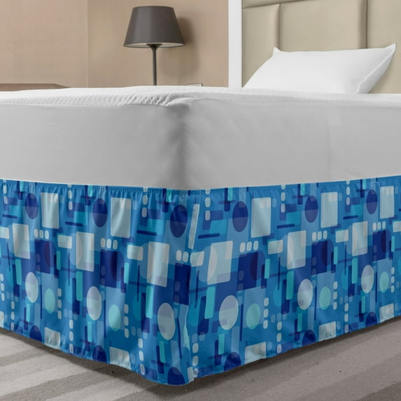 Geometric Bed Skirt, Composition of Abstract Shapes Modern Motifs Concurrent Squares Along Circles, Elastic Bedskirt Dust Ruffle Wrap Around for Bedding Decor, 4 Sizes, Sea Blue, by Ambesonne