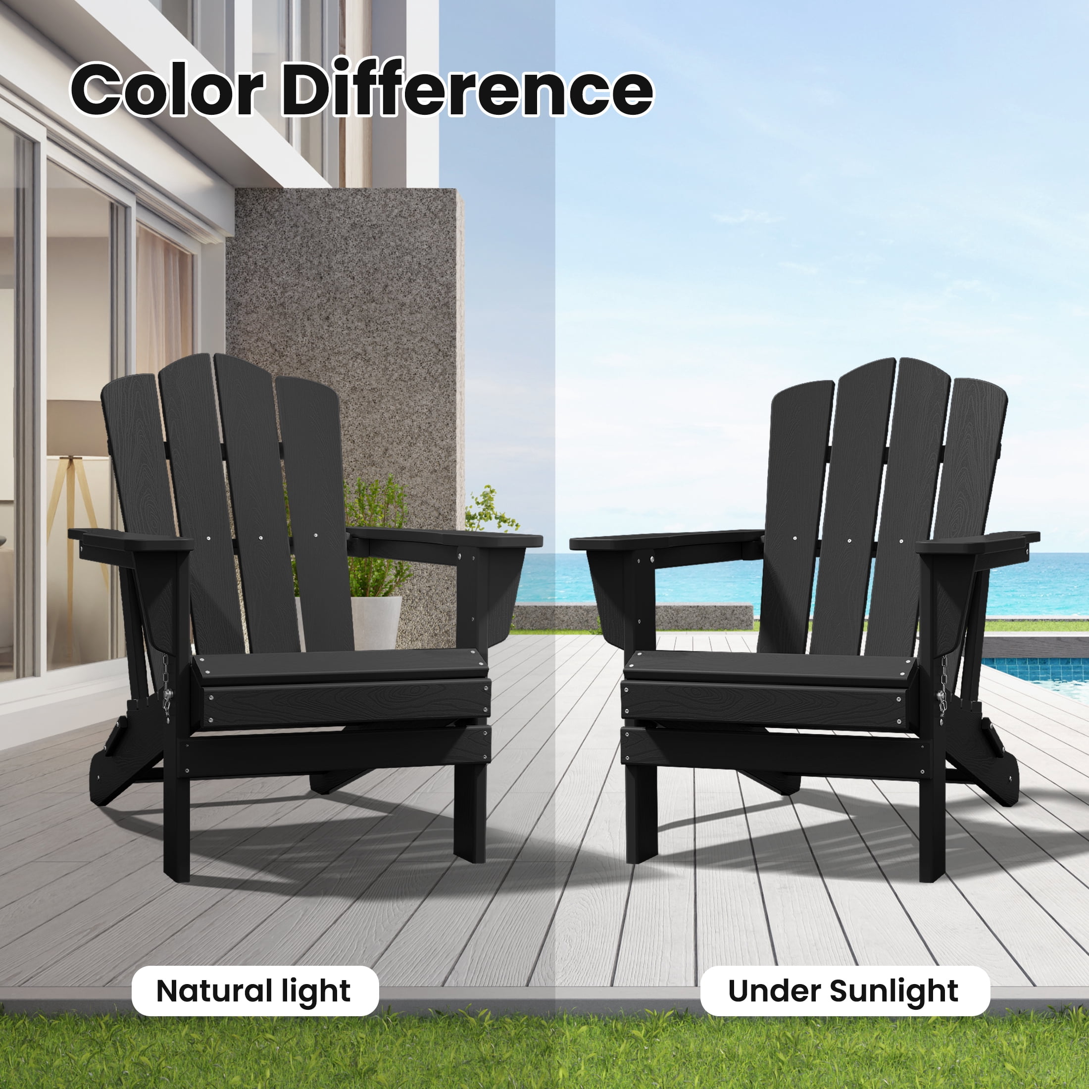 JUSTLET Adirondack Chair, 4PC Plastic Folding Outdoor Patio Chairs, Outside HDPE Chairs for Lawn, Yard, Black