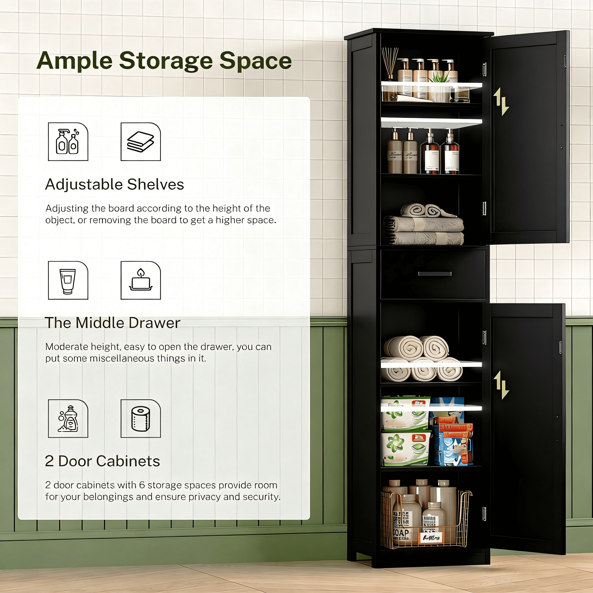 LENLN Modern 67'' Tall Storage Cabinet, 2 Doors & 1 Drawer with Adjustable Shelves, Freestanding Organizer for Kitchen and Bathroom