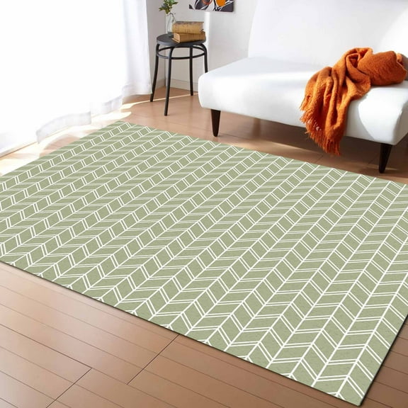 Area Rugs 5x7 Ft Striped Abstract Chevron White Line Sage Green Bohemian Non-Slip Washable Rug Indoor Rug Floor Mats Non Shedding Carpet for Living Room Bedroom Dining Room Home Decor