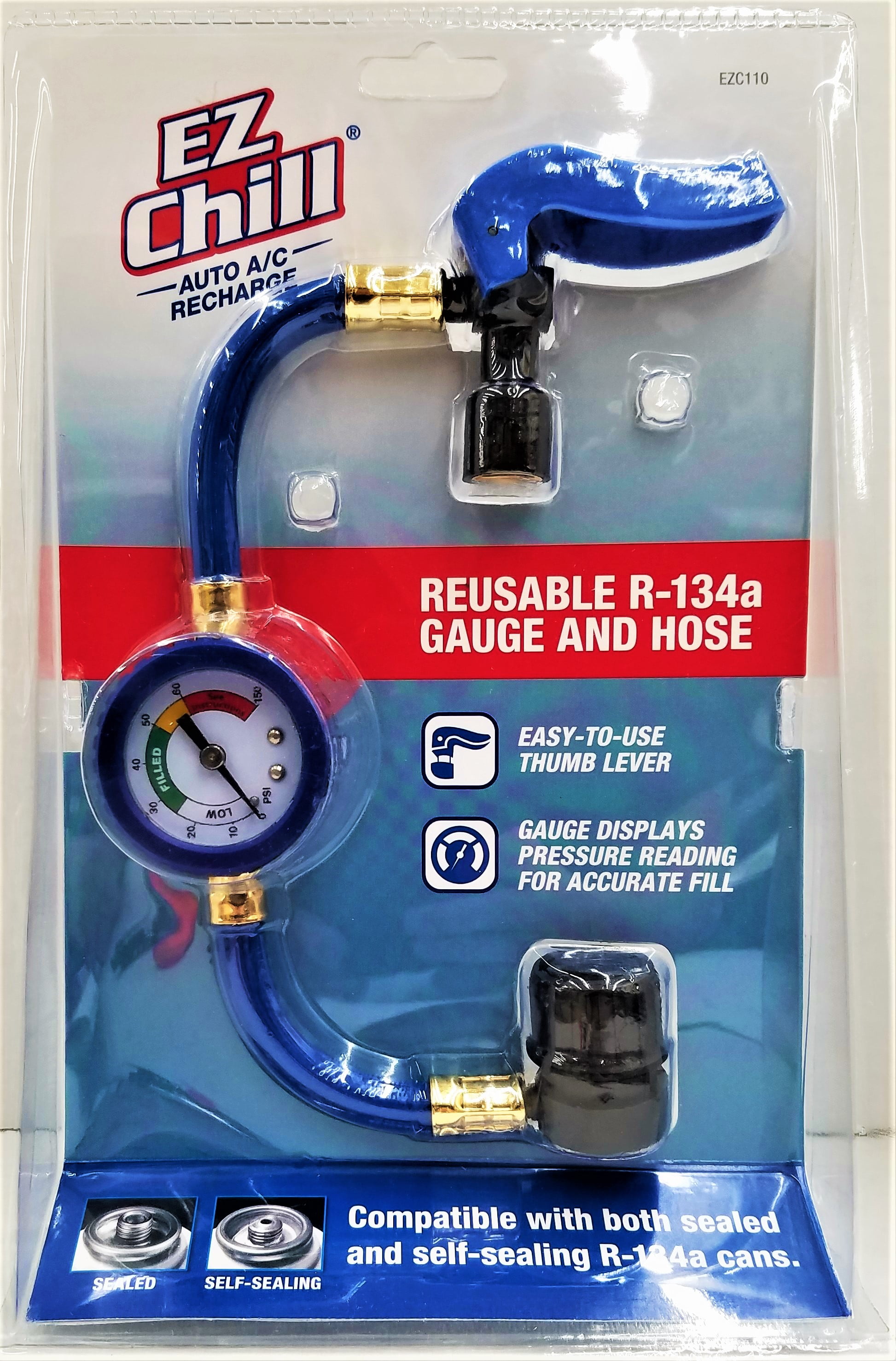 InterDynamics EZC110-4 EZ Chill Car Air Conditioner Hose and Gauge for R134A Refrigerant Reusable Recharge Kit for Cars & Trucks & More 