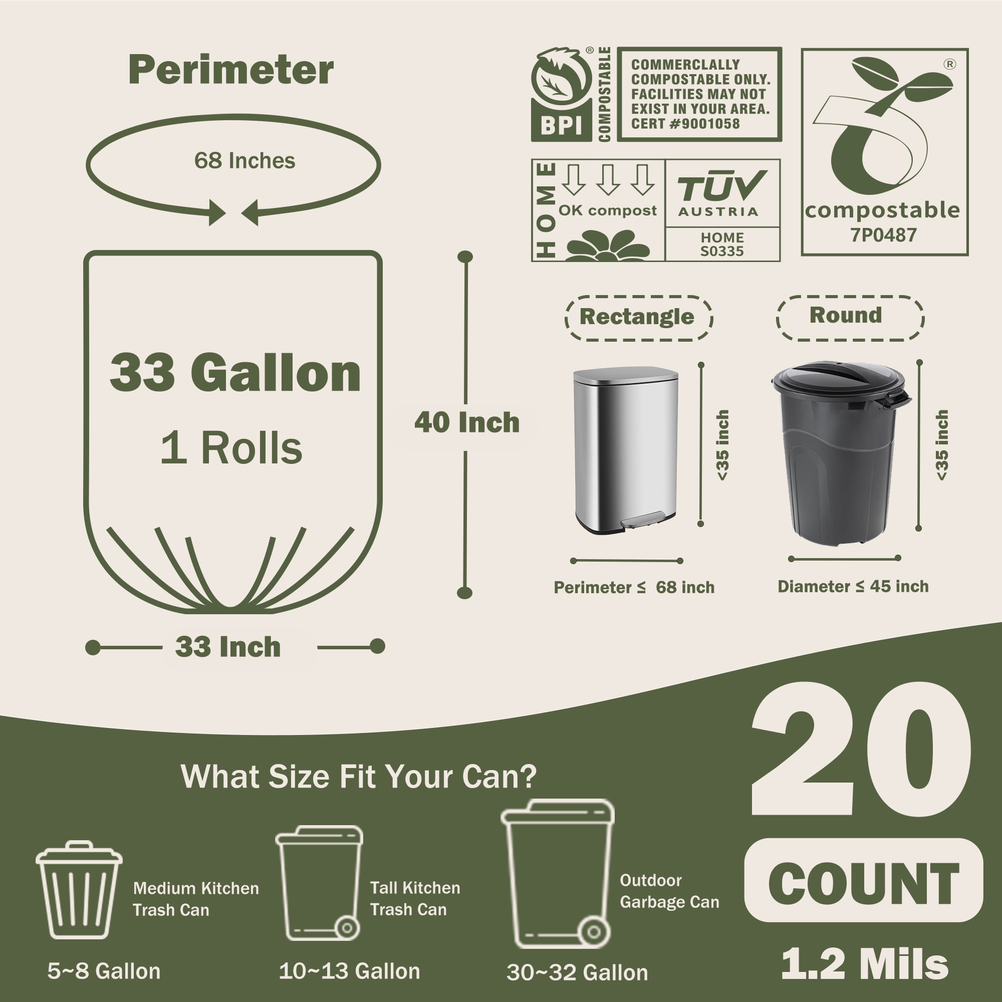 JENCENBIO Compostable garbage bags, 33 Gallon, Extra Thick, 28 Micron Food scrap waste bags with US BPI ASTM D6400 and Europe OK compost HOME Certified