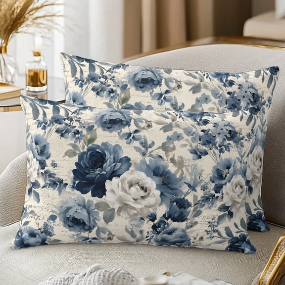 Set of 2 Vintage Blue Floral Pillow Covers 12x20 Inch, Romantic White Rose Botanical Country Decorative Throw Pillow Cases Cotton Cushion Covers for Sofa Couch Bed Living Room Bedroom Home Decor