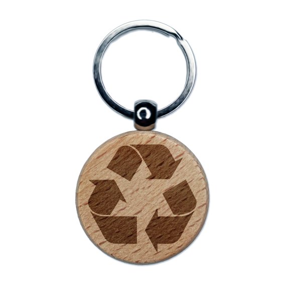 Recycle Symbol Solid Round Keychain Charm Tag - Engraved Wood