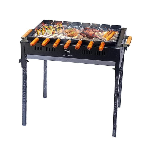 La Henk Grill set - Backyard Barbeque Grill Set for Home Foldable Charcoal Tandoor Outdoor Chicken Maker For Home with 8 Skewers,Stainless Steel bbq grill Charcoal Tray Oil Brush,Gloves & Tong (Black)