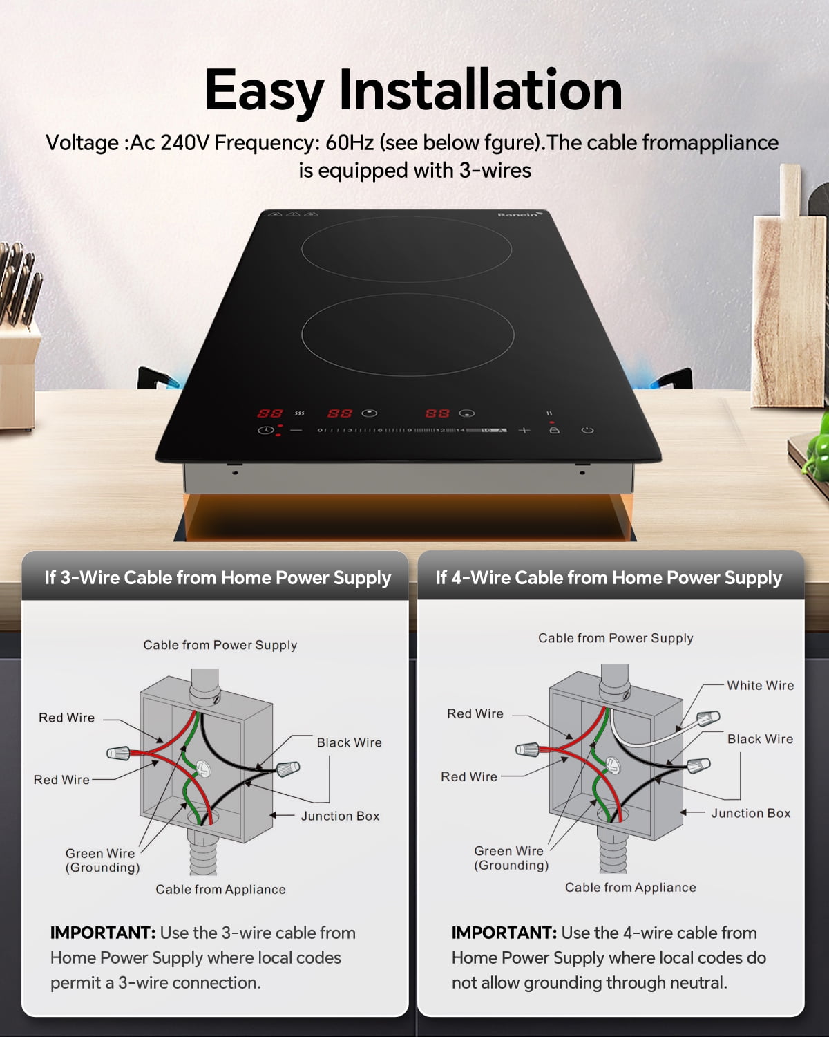 Electric Cooktop with 2 Burners, 12 inch 3000W 240V Ceramic Panel Electric Cooktop, Multiple Safety Protections Stove, Touch Screen
