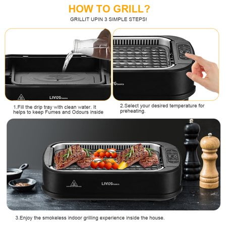 Trundlia Electric Smokeless Indoor Grill, glass-sealed Tubes, 1660W, 446°F Rapid Infrared Heating,Larger Size15*10 Nonstick Surface, Indoor BBQ