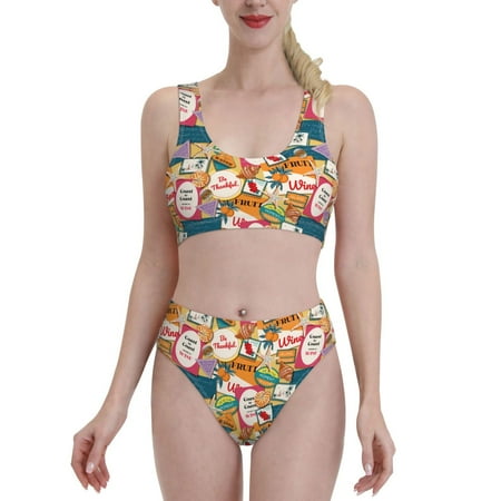 Bixox Retro Summer Stamp Pattern Two-Piece Sports Bikini with U-Shaped Top and High-Waist Bottom - Women s Swimwear with Removable Bra Pads