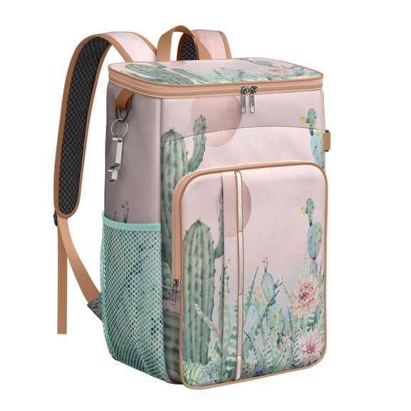 Watercolor Cactus Insulated Cooler Backpack, Leakproof Lunch Bag with Retro Desert Succulent Pattern for Camping and Hiking